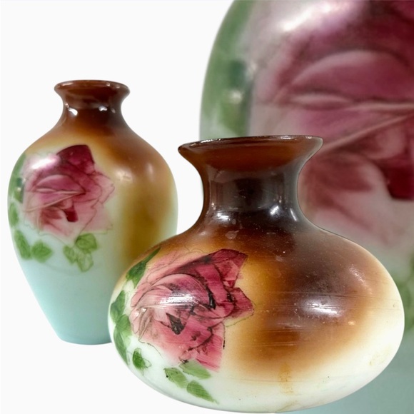 Vintage Hand Painted Bristol Glass Vases Pair Roses Floral Victorian Era